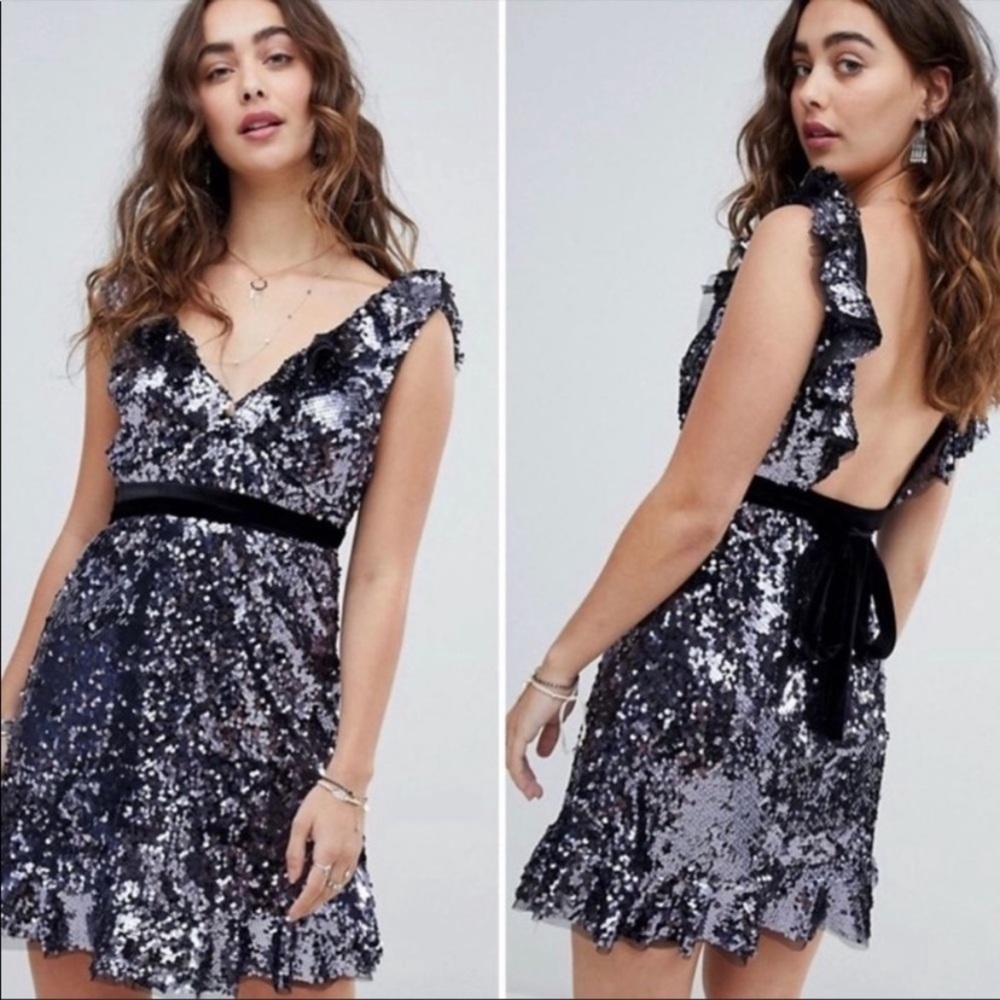 Free People Sequin Siren Mini Dress, purple/silver sparkles black velvet ruffle